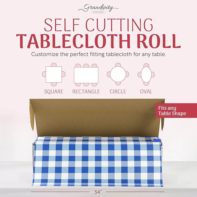 Grandipity Plastic Tablecloth Roll - 54in x 300 Ft. Blue Gingham Checkered Plastic Table Cloths for Parties | Disposable with Cutter Box - Cut to Size Disposable Tablecloth for Rectangle & Round