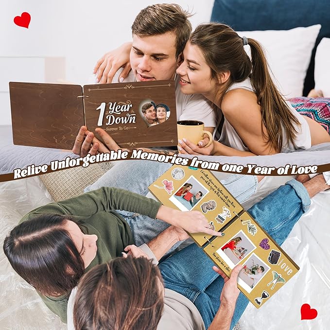 CY2SIDE One Year Anniversary Couple Gifts - 111PCS 1st Down Photo Wooden Album Scrapbook Craft Kit Included Wood Cover Heart Puzzle Brown Paper Sticker Marker Template for DIY Anniversary Dating Gifts