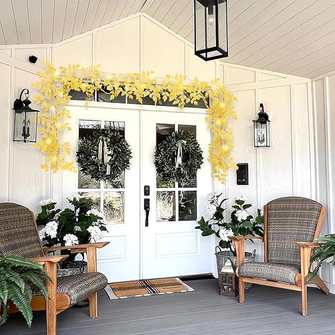 Neutral Fall Garland for Mantle Fireplace - 2 Pack 6Ft Plum Cimicifuga Seeded Leaf Garlands Yellow Autumn Décor Table Decorations for Home Indoor Door Halloween Realistic Leaves Garlands Outdoor