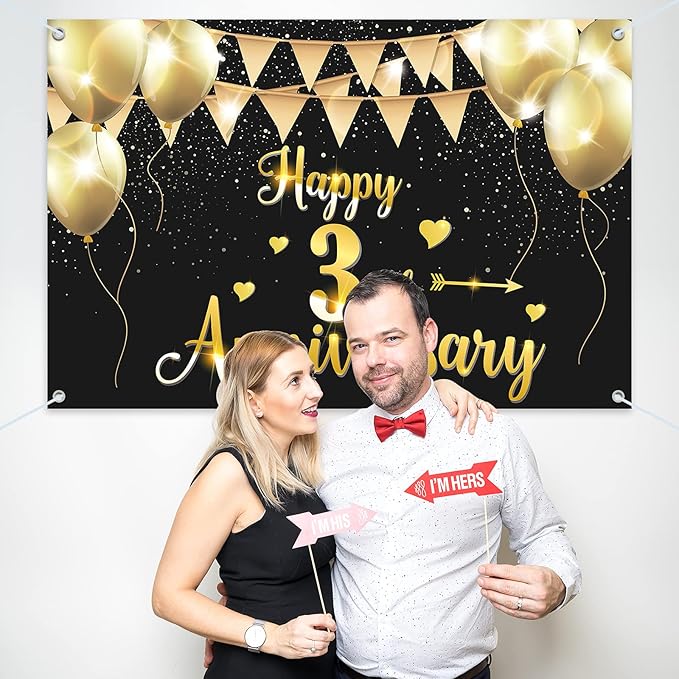 HAMIGAR 6x4ft Happy 3rd Anniversary Banner Backdrop - 3 Wedding Anniversary Decorations Party Supplies - Black Gold