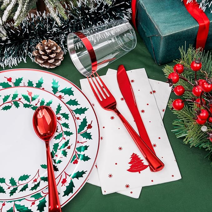 WDF 175Pcs Disposable Christmas Plates & Napkins - 25 Dinner & Dessert Plates, 25 Utensils, 25 Cups, 25 Christmas Napkins