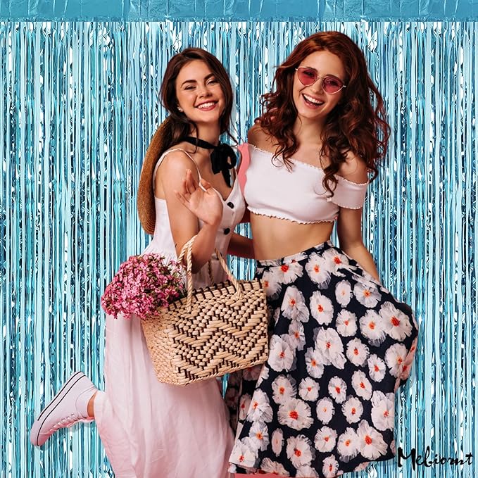 4 Pack Fringe Curtain Backdrop, 3.2Ft x 9.8Ft Light Blue Metallic Tinsel Foil Fringe Streamers Background for Photo Booth Birthday Wedding Baby Shower Easter Pool Ocean Underwater Party Decorations