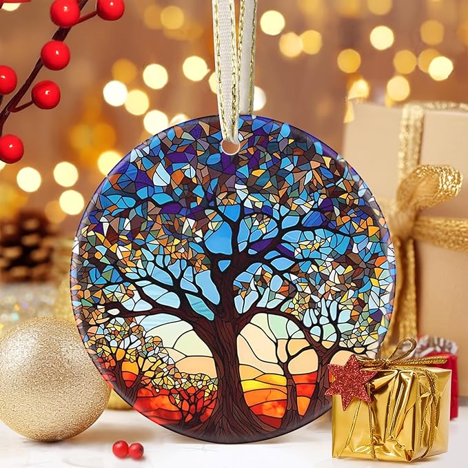Tree of Life Ceramic Christmas Ornament, 3.5 Inch Hanging Decor for Christmas Tree, Gift Exchange Present
