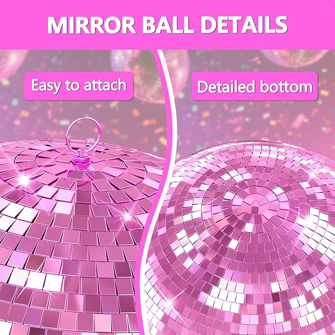 Disco Ball, 12/16/20 Inch Hanging Disco Ball, Mirror Ball for Party Decoration, Wedding, DJ Club, Stage, Birthday, Christmas, New Years Celebration (Pink, 12Inch)