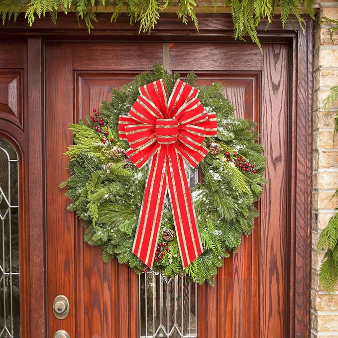 RoseCraft 6PCS Red/Gold Christmas Bow, 9”x13” Large Velvet Christmas Tree Topper Bow Ornaments for Home Xmas Tree Wreath Fence Stairs Railing Fireplace Indoor Outdoor Front Door Party Decoration.