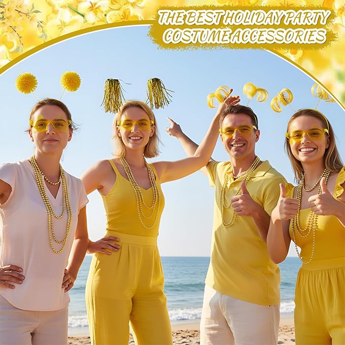 50 Pcs Light Yellow Holiday Team Spirit Party Accessories Pom Pom Party Headbands Star Shape Sunglasses Bead Necklaces Stuff Favors for Birthday Wedding Supplies(Classic)