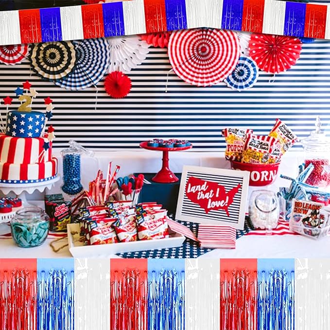 6 Pack 10 Feet Foil Fringe Garland Metallic Tinsel Streamers Banner Wall Hanging Backdrop for Parade Floats, Bachelorette, Wedding, Birthday, Independence Day Party Decorations(Red Blue White)
