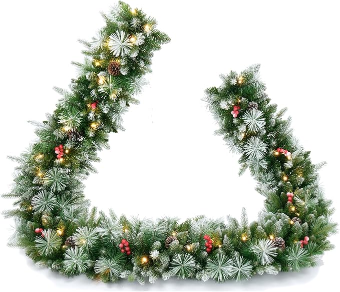 9ft Artificial Christmas Snow Garland with 50 Clear Lights, Pulg in, Pine Cone, Red Berry Battery Powered String Light for Outdoor Indoor, Home Decoration Mantle Stairs Railing Fireplace Door