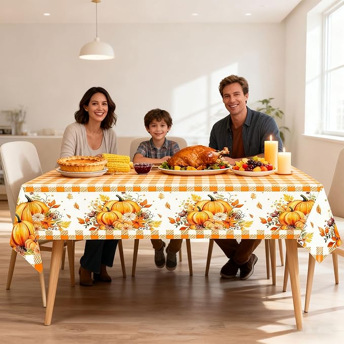Mornajina 4Packs 108 x 54 Inch Thanksgiving Orange Gingham Tablecloth DisposableTable Cover Rectangle Plastic Table Cloth for Thanksgiving Table Decoration (Orange Gingham)