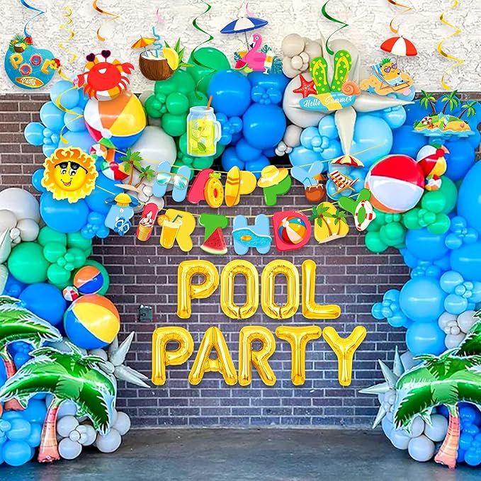 Summer Pool Beach Party Decoration, Pool Party Birthday Bash Party Decorations Tropical Balloons Banner for Kids Swimming Water Luau Tropical Hawaii Party Decoration Supplies
