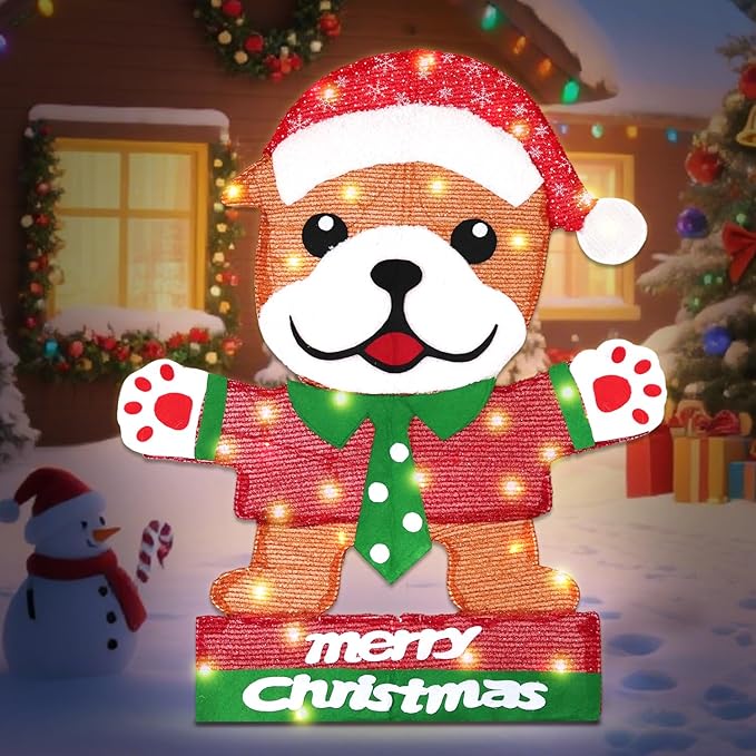 Domkom Lighted Bulldog Christmas Decoration, 30 Inch Pre-Lit Cute Dog with Christmas Hat 45 LED Warm Lights for Home Indoor Outdoor Yard Holiday Decor