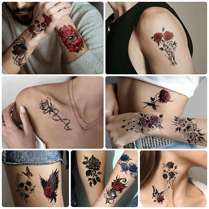 77 Sheets Skull Flower Realistic Temporary Tattoos For Women Men Adult, Large Rose Bones & Flowers Floral Fake Tattoos Girl, Skeleton and Spooky Halloween Temp Tatoo Sticker Thigh Back Leg Body Art