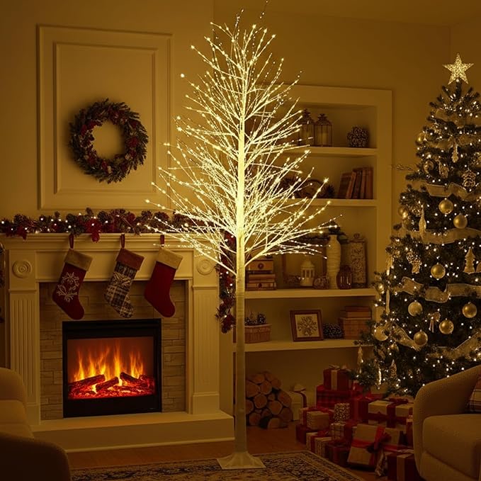 Baquler 1 Pack Lighted Birch Tree - Large Christmas Warm-White LED 8 Mode Light Birch Tree Decoration Set for Thanksgiving Holiday Fall Winter Party Decor, Indoor & Outdoor (9.2 ft)