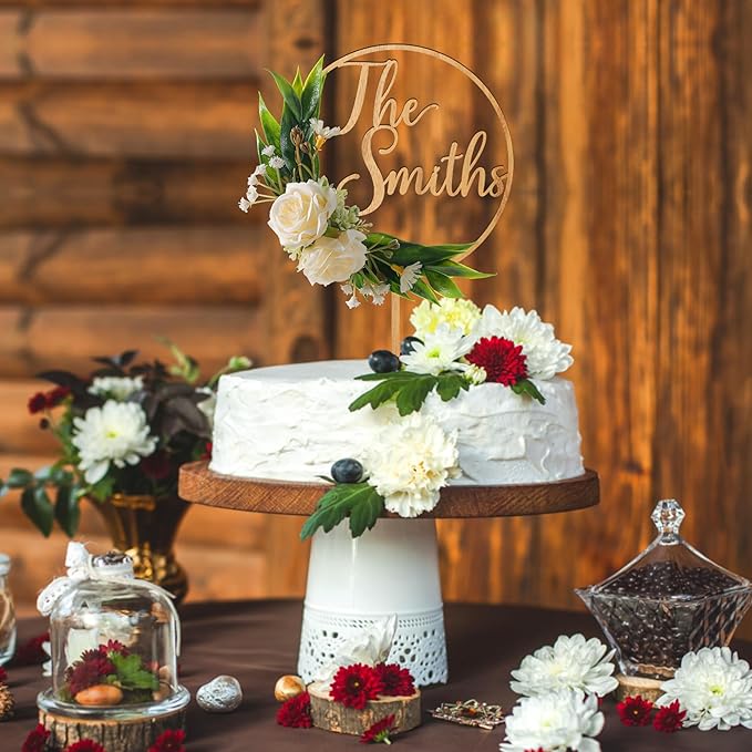 3D Flowers Wedding Cake Topper Custom Last Name Wedding Cake Decoration in Wood with 3D Artificial Roses (Oak)