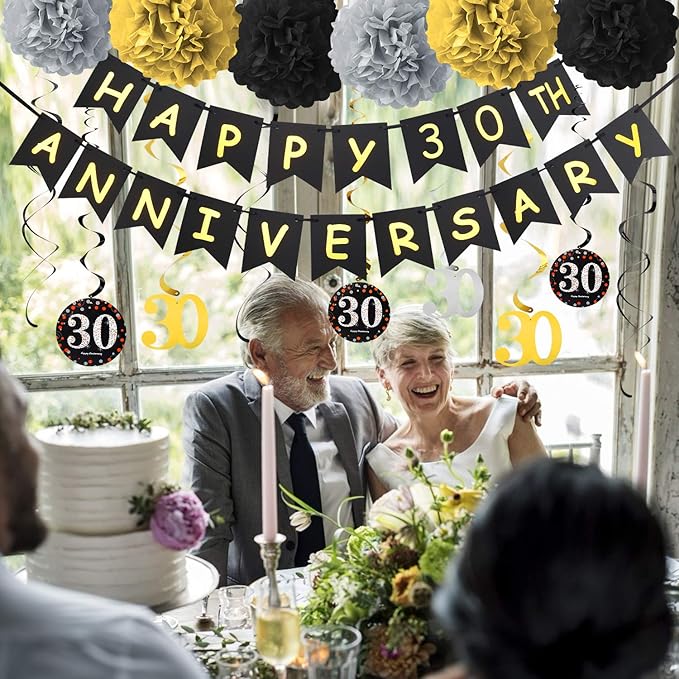 Yoaokiy 30th Anniversary Party Decorations Kit - Gold Happy Banner, 9 Hanging Swirls, 6 Poms for Wedding Celebration Supplies