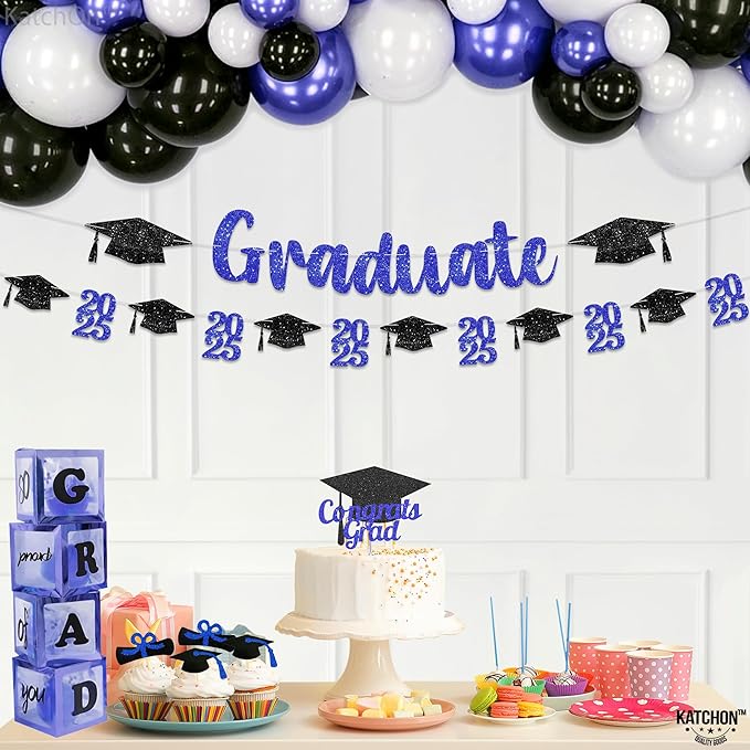 KatchOn, Glitter, Black and Blue Graduation Banner - 10 Feet | Congrats Grad Banner | Black and Blue Grad Decorations Class of 2025 | graduation Cap Garland | Graduation Decorations 2025