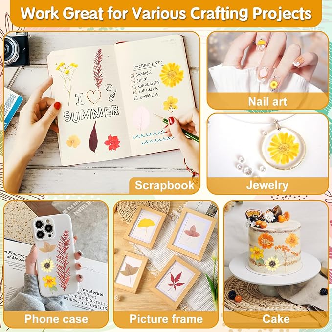 Real Dried Pressed Flowers for Crafts, 100+ PCS Fall Dried Flowers Leaves Nature Flowers Florals Set with Tweezer for Resin Jewelry Making Thanksgiving DIY Candle Scrapbooking Gift (Orange, Yellow)