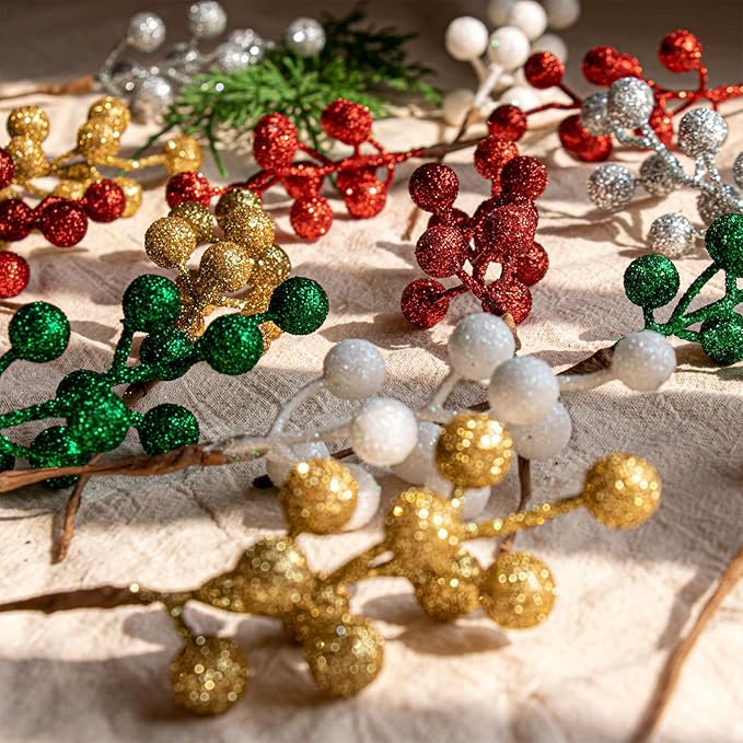 VioletEverGarden 32 Pack Glitter Christmas Picks 6.5 Inch Christmas Berry Stems Gold Artificial Berry Stems for Holiday Xmas Tree Home Decorations