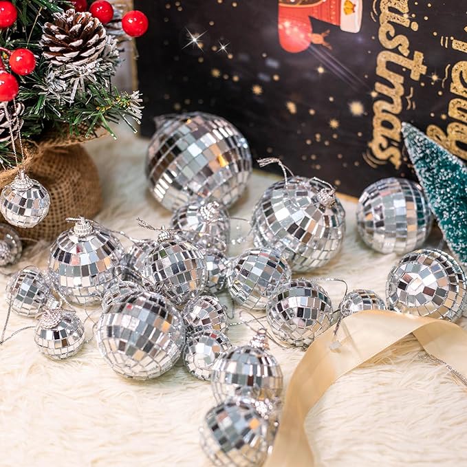 Mini Mirror Disco Ball Ornaments: Hanging Disco Ball Silver Party Decorations Set 42 Pack - Small Mirror Balls Decor for Wedding Christmas Birthday Cake Topper (1.2/2/2.4/3 Inch)
