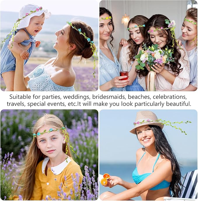 30 Pcs Assorted Colored Flower Crown Bohemian Floral Garland Headbands Multicolor Headband Garland Wreath Green Leaves Decor for Women Wedding Birthday Fairy Party Favor Supplies