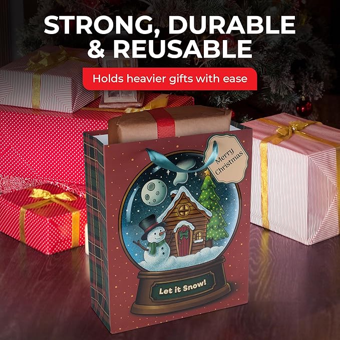 RACHELLE'S Snow Globe Christmas Gift Bags – Medium 13"x10"x4" (10-Pack) – Sturdy Paper Gift Bags with Tissue Paper, Tag and Handle – Let It Snow – Perfect for Christmas Holiday Gifting & Party Favors