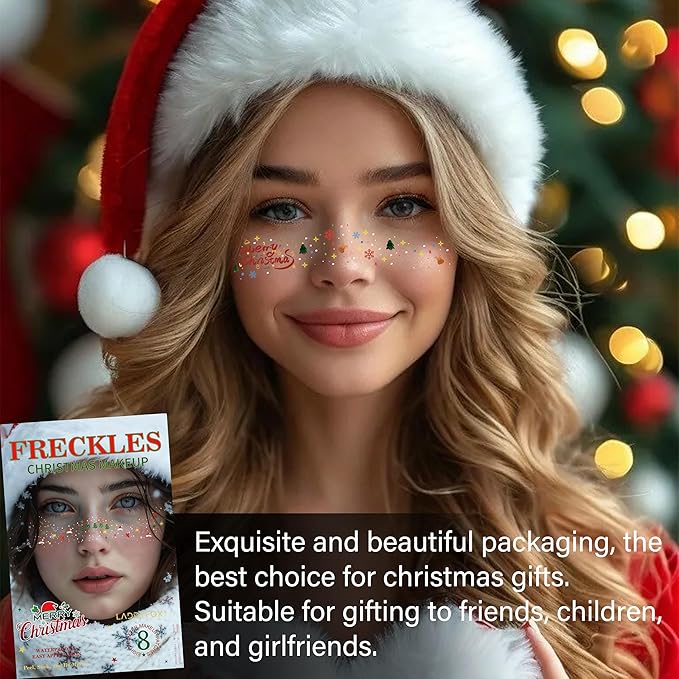 8 Pcs Christmas Face Temporary Tattoos, Ren Green and White Glitter Freckles Face Tattoo for Kids and Women, Waterproof Christmas Accessories Face Makeup for Party Supplies