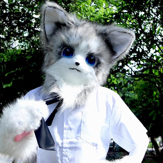 HAOAN Animal Furry Fursuit Head Mask Plush Cat Fox Mask Costume Props for Halloween Party