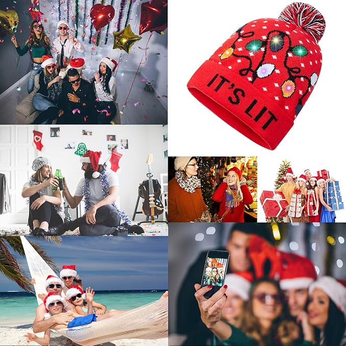 RAISEVERN Unisex Ugly LED Christmas Hat Novelty Colorful Light-up Stylish Knitted Sweater Xmas Party Beanie Cap(6 Lights)