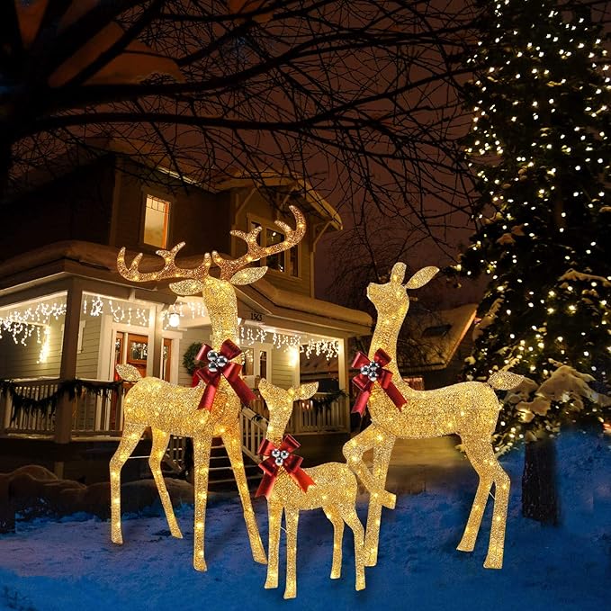 YULETIME 3-Piece Pre-Lit 3D Christmas Reindeer Family, Lighted Glitter Deer Holiday Decoration With Warm White LED Lights