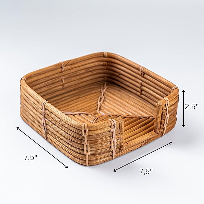 Square Rattan Napkin Holder for Bathroom, Made in Indonesia, 7.5"x7.5" Handwoven Guest Towel Tray for Disposable Paper Napkins, Eco-Friendly Basket for Countertop & Vanity, All Natural Rattan (Honey)