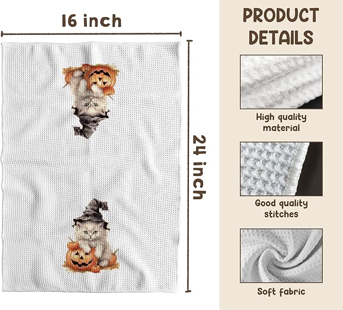 TNUW Halloween Cat Kitchen Towel - 16X24In, Halloween Cat Pumpkin Towels for Kitchen Bathroom Decor, Fall Autumn Animal Decorative Hand Towel for Bathroom Decor