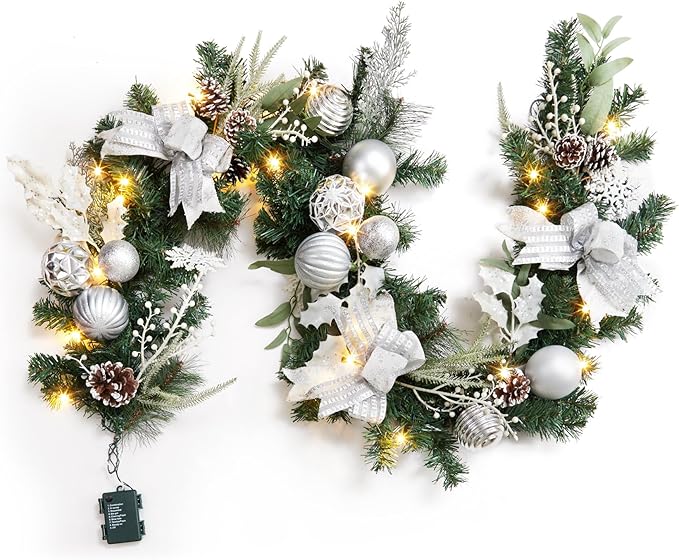 GarveeHome Christmas Garland with Lights, 6 ft Prelit Outdoor Christmas Garland with Silver White Christmas Balls Pine Cones for Mantle Front Door Table Centerpiece Indoor Home Holiday Decorations