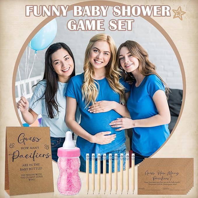 Roowest 512 Pcs Baby Shower Games Guess How Many Pacifiers Sign 100 Small Guessing Games 10 HB Pencils 750ml Milk Bottle 400 Acrylic Pacifiers Decoration for Guest Gender Reveal(Pink,Kraft)