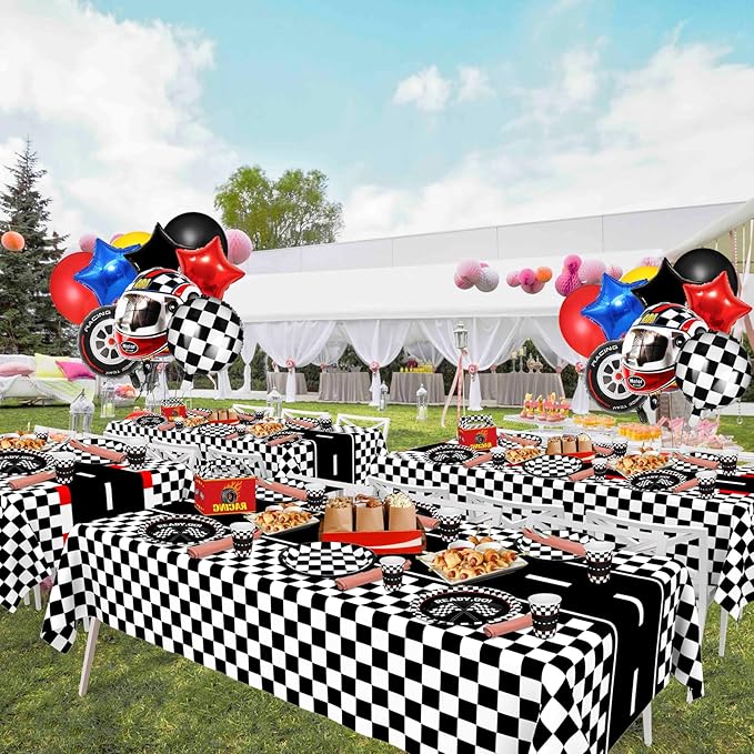 WNINK 4 Pack Race Car Table Cloth and Black White Gingham Tablecloths Disposable Plastic Buffalo Check Tablecloth Checkered Flag Covers for Birthday, Outdoor Picnic, Birthday, Camping 54 × 108 Inch
