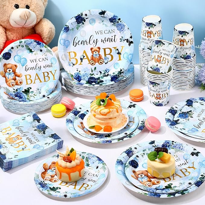 250 Pcs We Can Bearly Wait Baby Shower Party Decorations Blue Paper Plates Napkins and Cups Bear Boy Party Tableware Set for Spring Baby Shower Gender Reveal Supplies, Serves 50