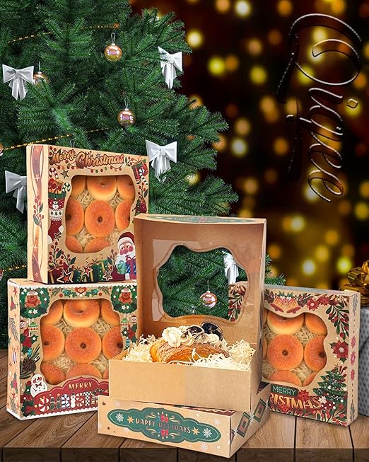 qiqee Christmas Kraft Cookie Boxes with Window 30packs 8x8x2.5 Inch Bakery Box Pastry Box for Christmas
