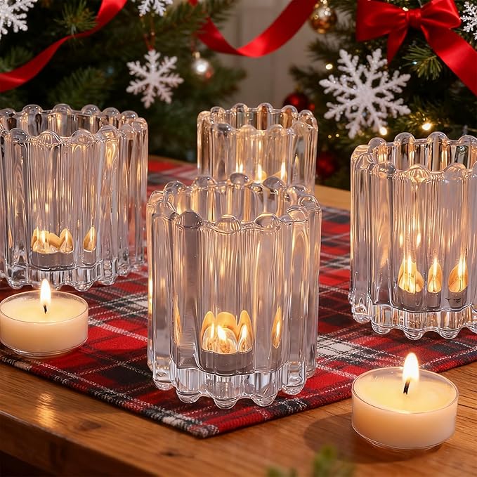16 Pcs Glass Tealight Candle Holders Clear Votive Candle Holders Vintage Candle Holder for Table Centerpiece Wedding Baby Shower Christmas Dining Party Decor