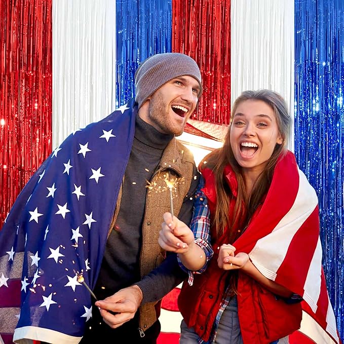 6 Pack White Blue Red Foil Fringe Curtains Backdrop, 3.28 x 9.8 Ft Metallic Streamers Tinsel Curtains Background for Photo Booth, Birthday, Halloween, Christmas, New Year Party Decorations