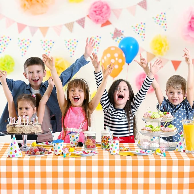 WNINK 3 Pack Orange and White Checkered Rectangular Plastic Tablecloths, Orange Gingham Waterproof Disposable Table Covers 54" x 108" for Birthday, Wedding, Outdoor Picnic Camping Parties