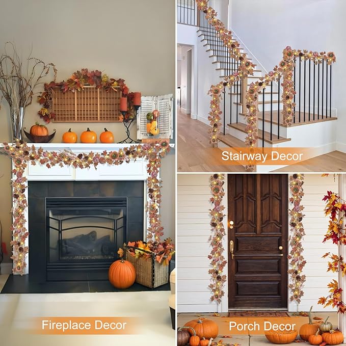 Artgar Fall Sunflower Garland - 6 Ft Fall Garland with 30 Warm Lights with Pumpkin Pinecone Berry for Thanksgiving Harvest Halloween Mantel Table Porch Railing Indoor Outdoor Decor
