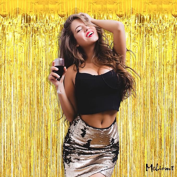 4 Pack Gold Fringe Curtain Backdrop, 3.2Ft x 9.8Ft Metallic Tinsel Foil Fringe Streamers Background for Photo Booth Birthday Wedding Baby Shower Carnival Easter Mother’s Day Party Decorations