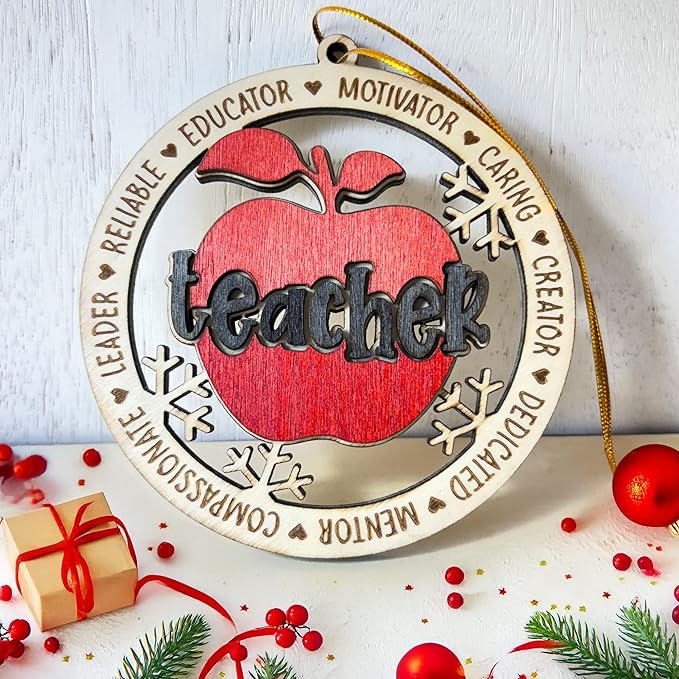 Teacher Appreciation Christmas Ornament 2024 – Wooden Apple Shape for Educators, Mentor Keepsake for Teachers