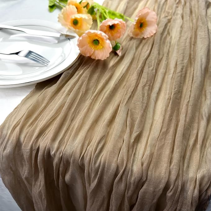 Booque Valley Nude Cheesecloth Table Runner 120 Inch 10ft Super Soft Boho Wrinkled Gauze Sheer Cloth for Baby Shower Birthday Bridal Shower Wedding Centerpiece Table Decoration, 6 Pack, Tan