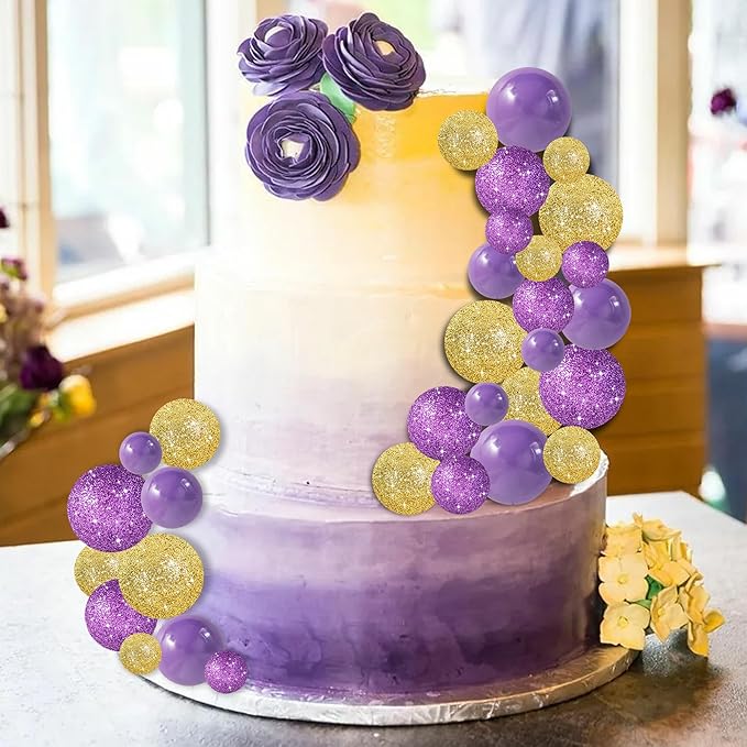 BEISHIDA 40 Pcs Ball Cake Toppers Mini Balls Cake Decorations Purple Gold Foam Balls DIY Cake Topper for Baking Congrats Grade 2025 Graduation Birthday Mardi Gras Lakers Decorations (Purple Gold)