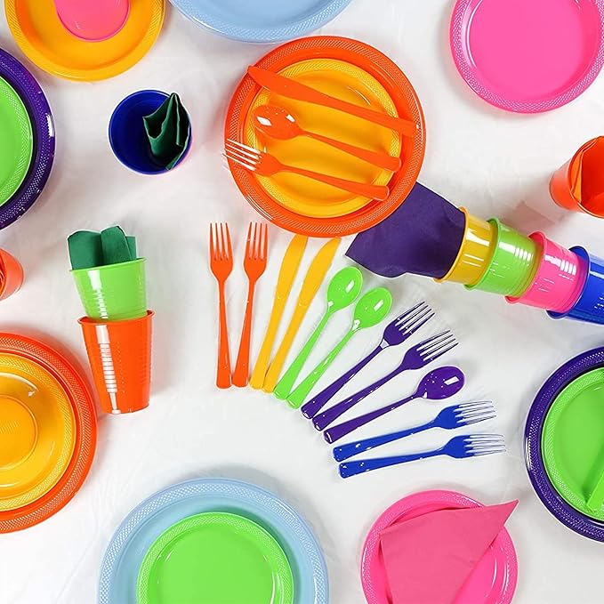 Party Solids 350 Pieces Gender Reveal Plastic Plates For Party, Gender Reveal Disposable Plates Set, 50 Of Each 9" Dinner Plate Set, 7" Dessert Plate, Cups, Napkins & Cutlery Plastic Dinnerware