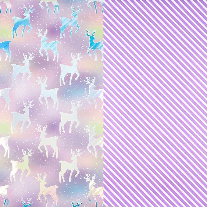 RUSPEPA Christmas Reversible Wrapping Paper Roll for Girls, Mini Roll, Colorful Foil Pastel Reindeer Design and Purple Stripes, Dreamy Gift Wrap for Christmas Gifts, Holiday, 17 Inches x 32.8 Feet