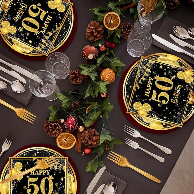 50th 7 inch Birthday Party Paper Plates and Napkins Forks 60 pcs Black Gold Decorations for Boys Girls Tableware Set for Birthday Anniversary Party Supplies,Serve 20