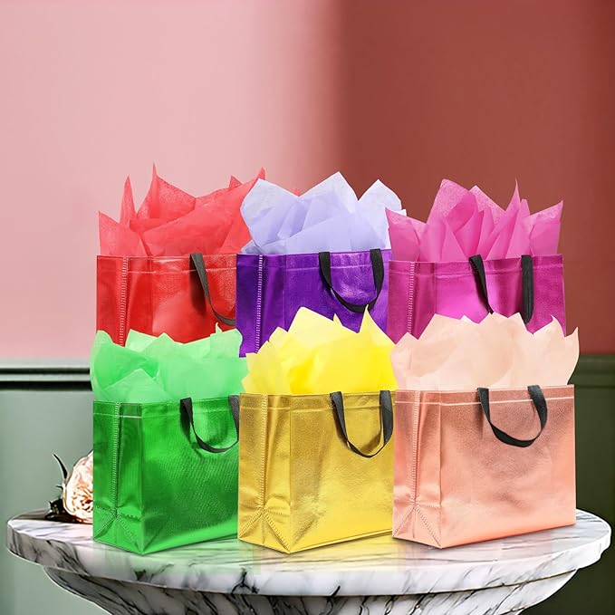 KeerxunBag 12Pcs Reusable Gift Bags(Includes Tissue Paper) Gift bag with handle Birthdays Parties Holidays Weddings Medium 13x5x11in colorful Gift Bags