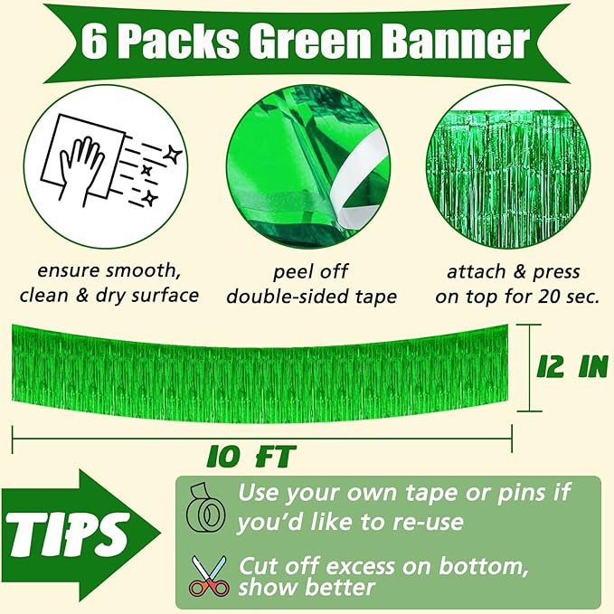 6 Pack 10 Feet Foil Fringe Garland Metallic Tinsel Banner Wall Hanging Curtain Streamers Backdrop for Parade Floats Bachelorette Wedding Birthday Party Thanksgiving Christmas Decorations(Green)