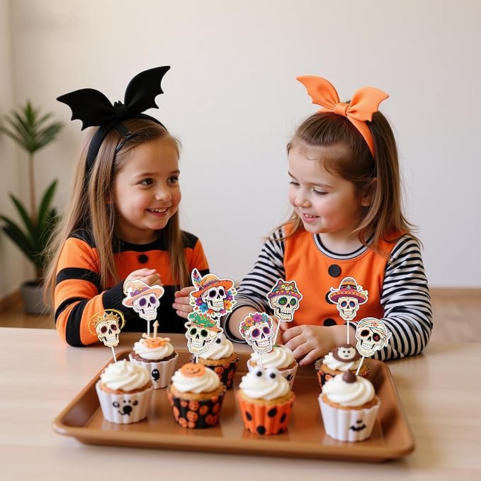48PCS Halloween Skull Cup Cake Topper, 8 Design Paper Cake Gillter for Horror Theme Party,Birthday Bupcake Topper for Halloween Party Decoration